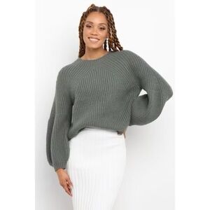 Petal + Pup Olive London Knit Women's Emerald Balloon-Sleeve Sweater Crew S/M